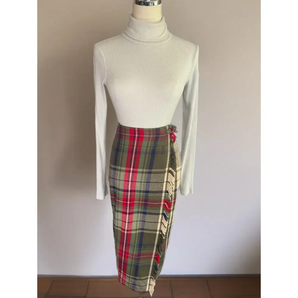 Vintage Liz Claiborne Plaid Wrap Skirt Green Red Fringe Academia Size 4 Holiday